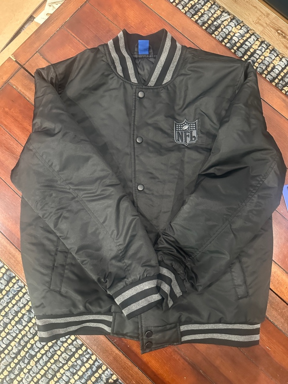 NFL Black Satin Bomber Jacket with Gray Trim